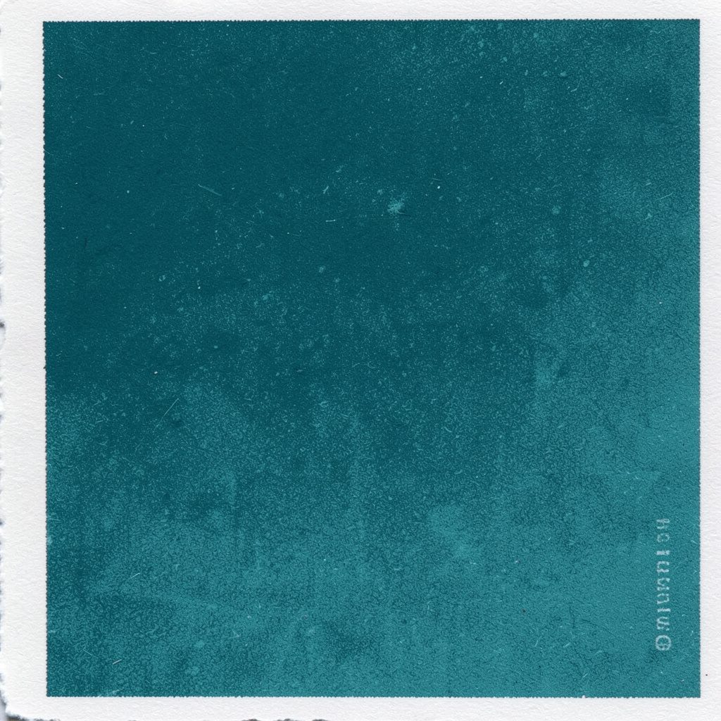 Pola risograph teal dan putih yang membentuk komposisi berulang sederhana