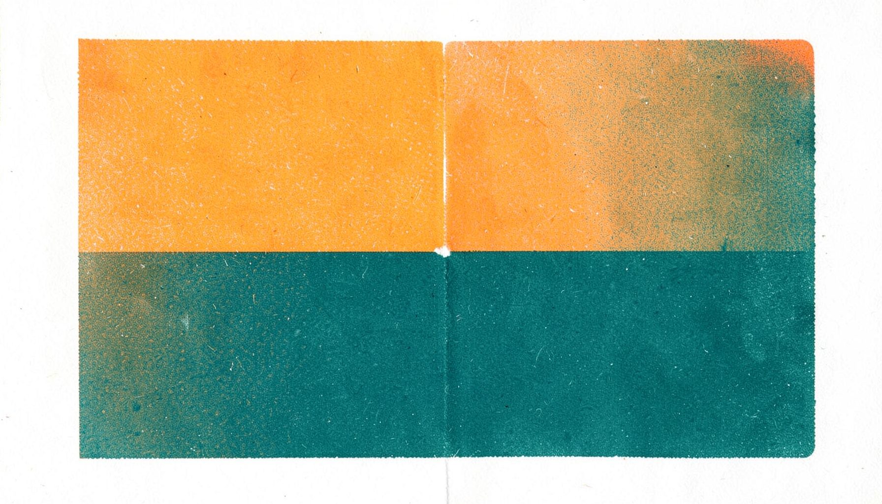 Risograph oranye dan teal membentuk komposisi blok yang lembut